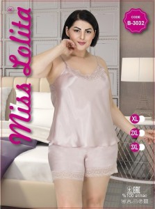 SATYNOWA PIŻAMA DAMSKA WĄSKIE RAMIĄCZKA Z SZORTAMI BIG SIZE XL-3XL B-3032