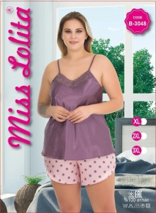 SATYNOWA PIŻAMA DAMSKA WĄSKIE RAMIĄCZKA Z SZORTAMI XL-3XL  B-3048