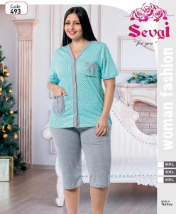 PIŻAMA DAMSKA KRÓTKI RĘKAW 3/4 SPODNIE BIG SIZE ROZPINANA 3XL-5XL 493