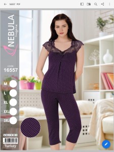 PIŻAMA DAMSKA KRÓTKI RĘKAW 3/4 SPODNIE Z KORONKĄ M-3XL 16557