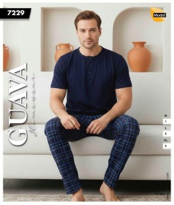 Piżama męska krótki rękaw + długie spodnie kratka GUAVA  
