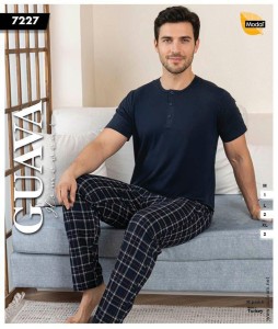 Piżama męska krótki rękaw + długie spodnie kratka GUAVA