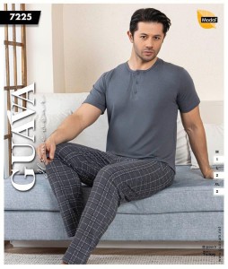 Piżama męska krótki rękaw + długie spodnie kratka GUAVA