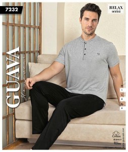 Piżama męska krótki rękaw + długie spodnie 3 guziki GUAVA