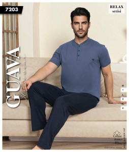 Piżama męska krótki rękaw + długie spodnie 3 guziki GUAVA 