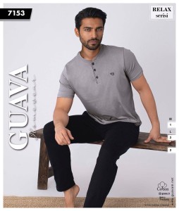 Piżama męska krótki rękaw + długie spodnie 3 guziki GUAVA