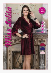 SZLAFROK DAMSKI WELUROWY Z KORONKĄ S-XL 1002