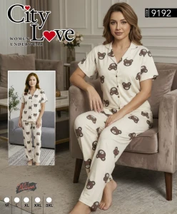 Piżama damska rozpinana na krótki rękaw + długie spodnie  CITY LOVE  M-3XL 9192