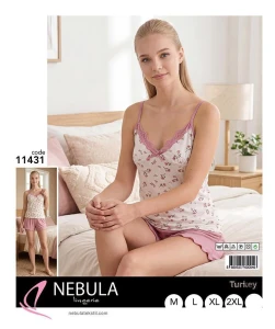 PIŻAMA DAMSKA NA RAMIĄCZKA Z SZORTAMI WISKOZA M-2XL  11431
