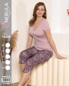 Piżama damska krótki rękaw + spodnie 3/4 M-3XL 14300