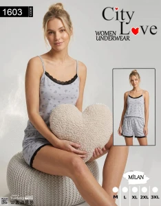 Piżama damska na ramiączka + szorty CITY LOVE  M-3XL 1603